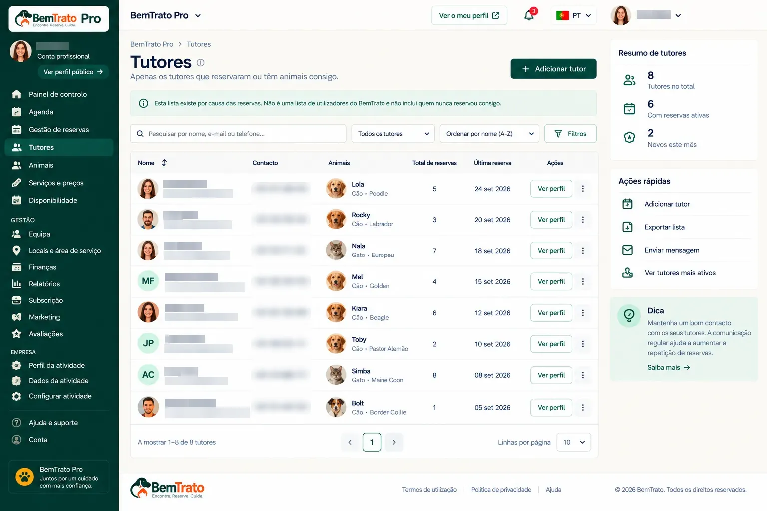 List of pet owners in BemTrato Pro