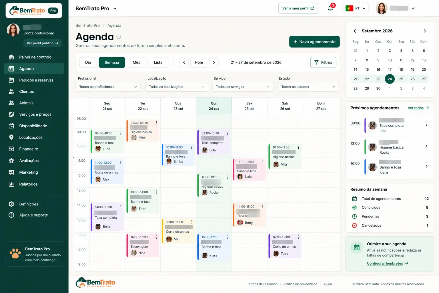 Weekly calendar in BemTrato Pro