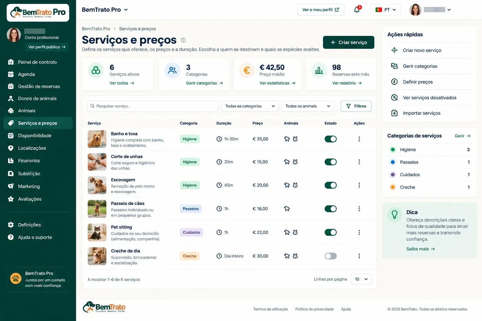Services and pricing in BemTrato Pro