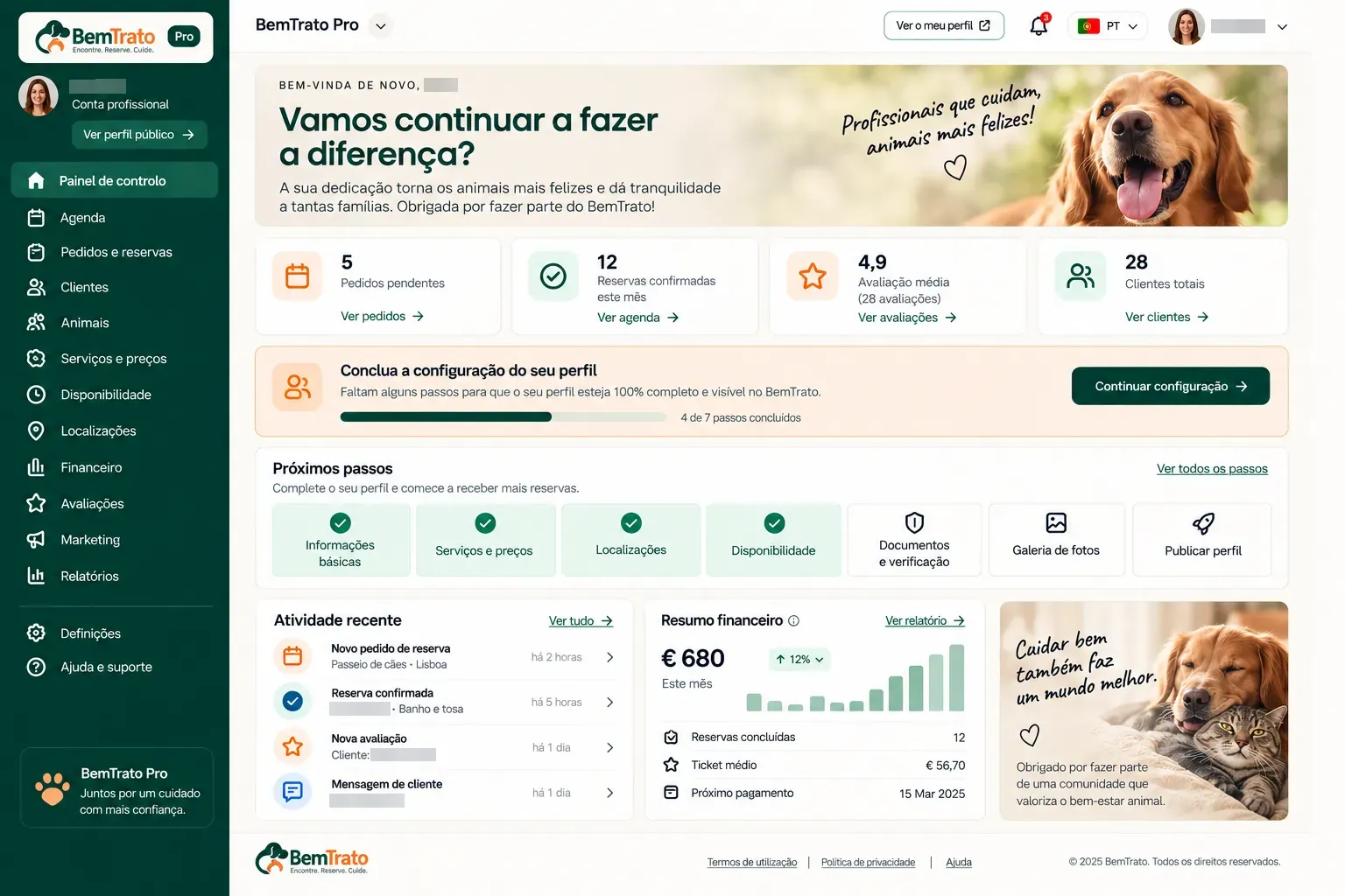 BemTrato Pro dashboard with an activity overview