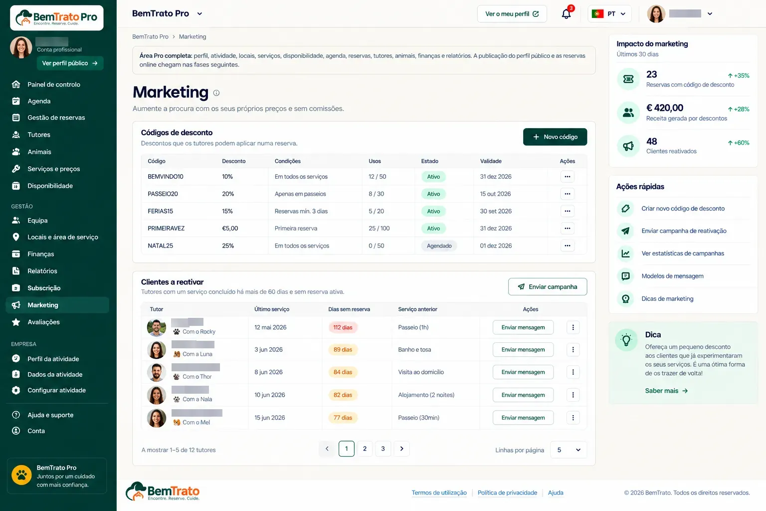 Discount codes and customers to win back in BemTrato Pro