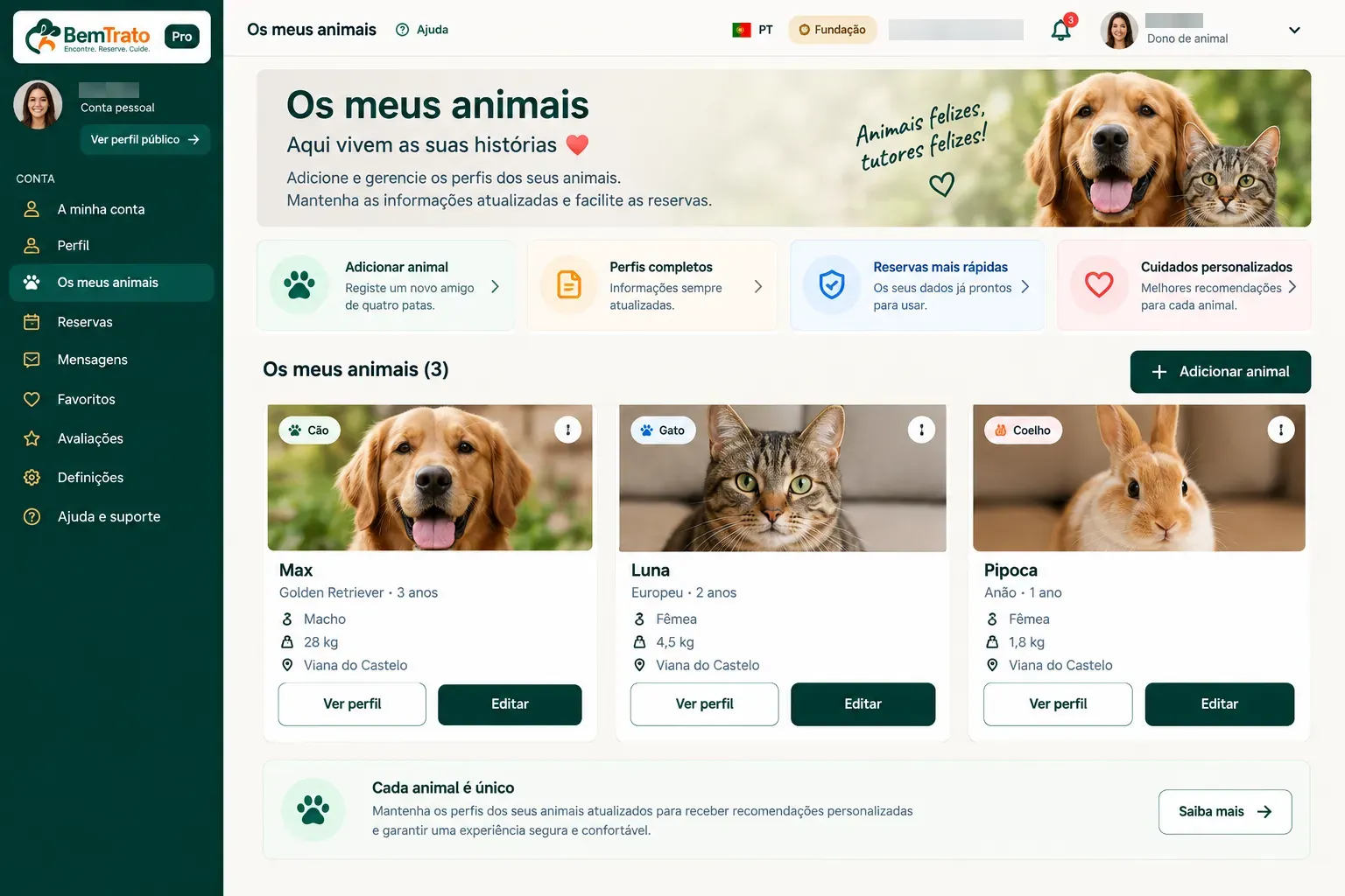Área Mis animales de la cuenta BemTrato