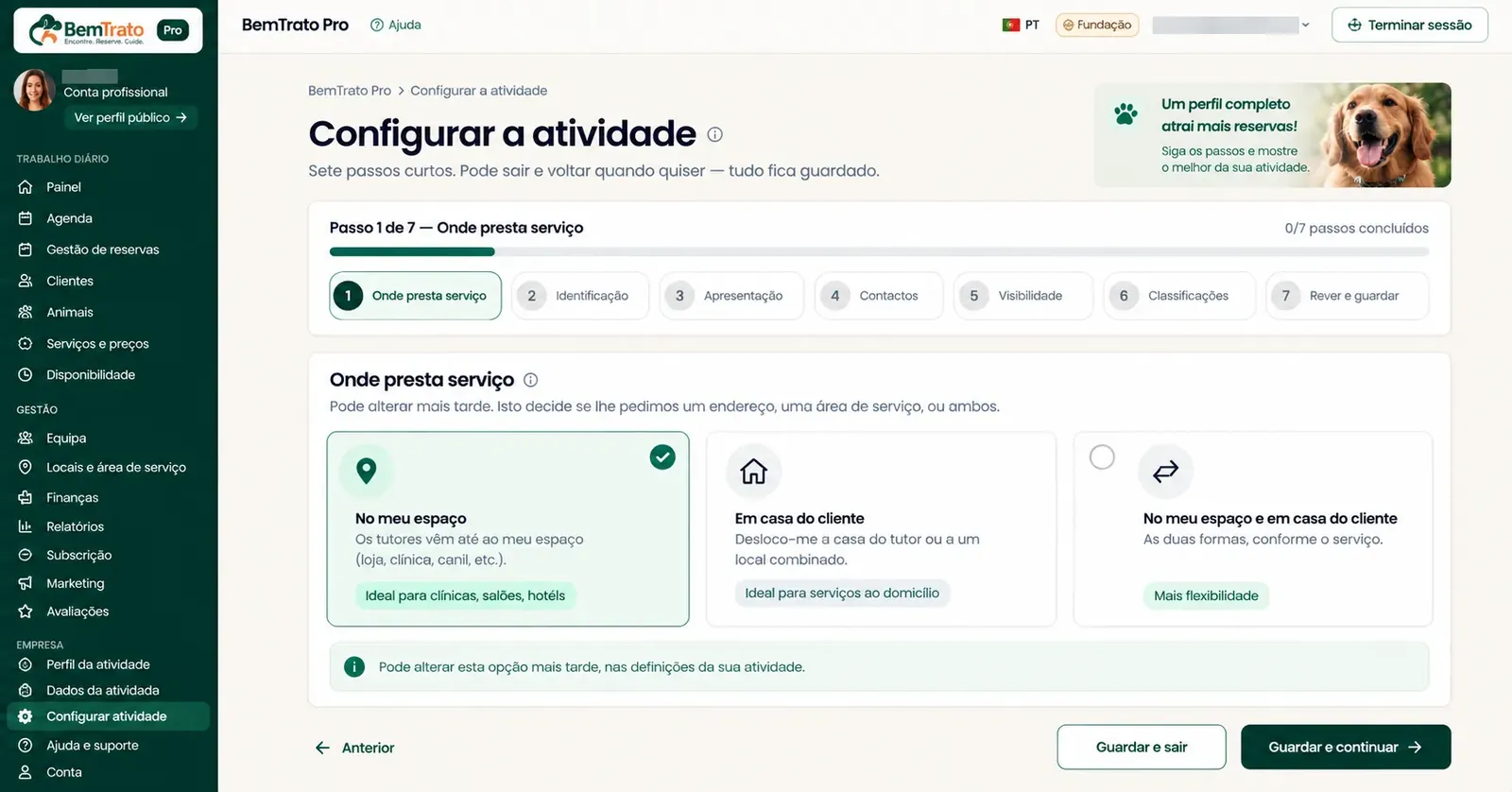 Business setup wizard in BemTrato Pro