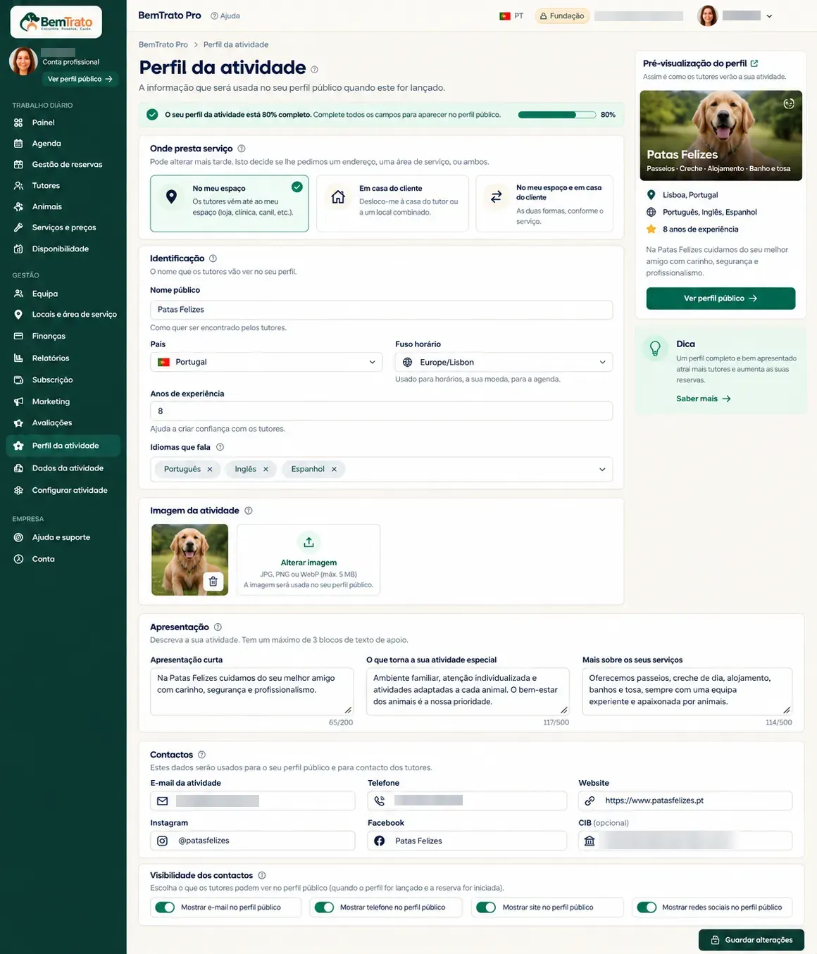 Business profile in BemTrato Pro