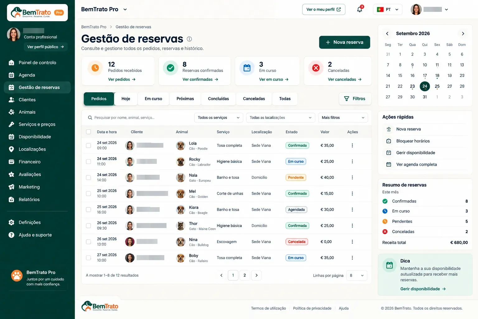 Booking management in BemTrato Pro