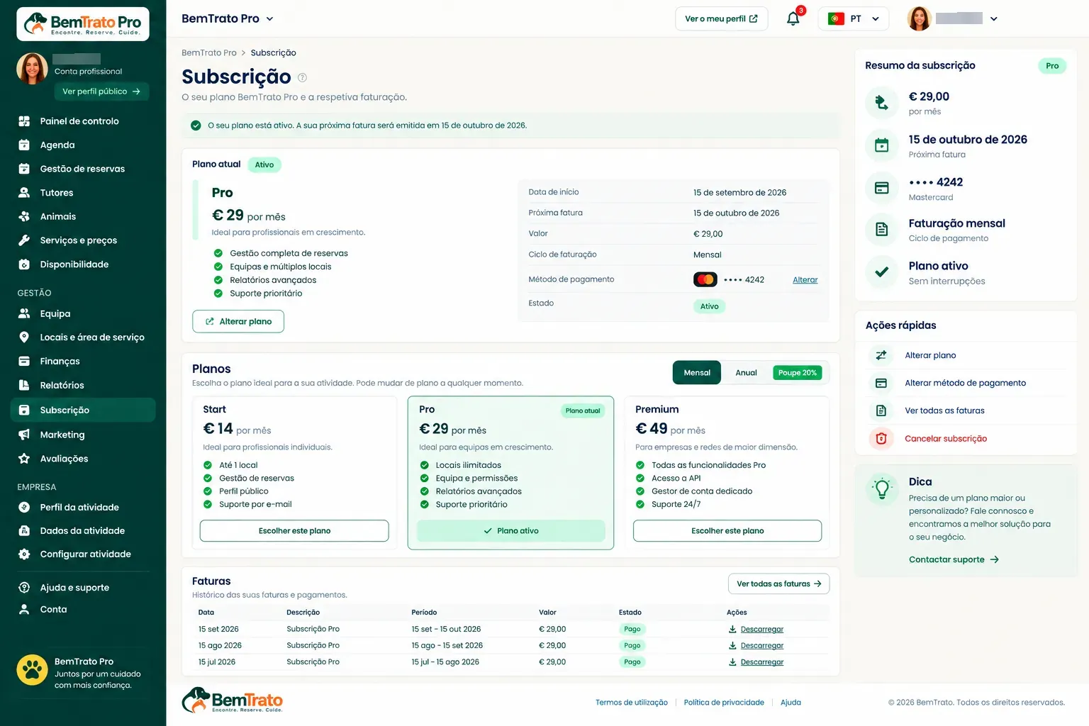 Subscription and invoices in BemTrato Pro