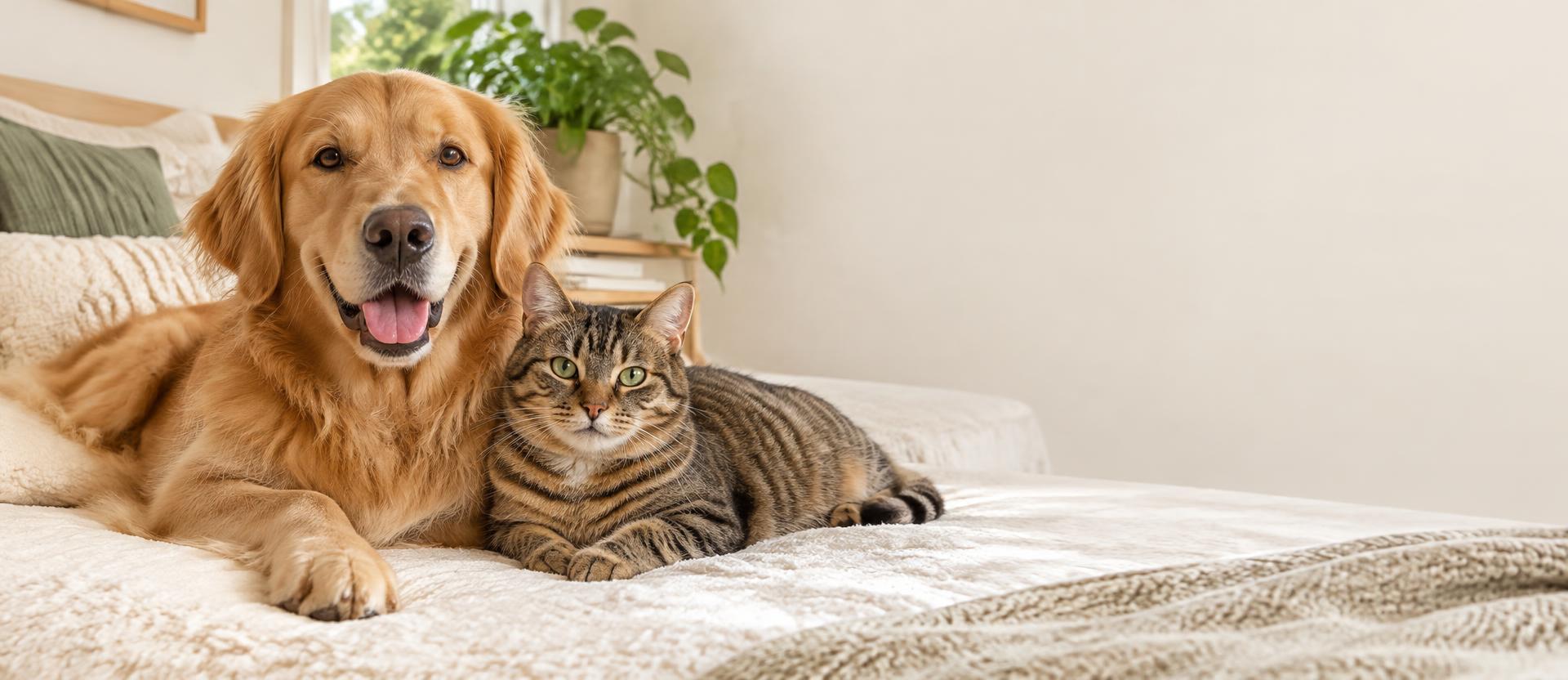 Relaxed dog and cat together on a comfortable bed in a welcoming home