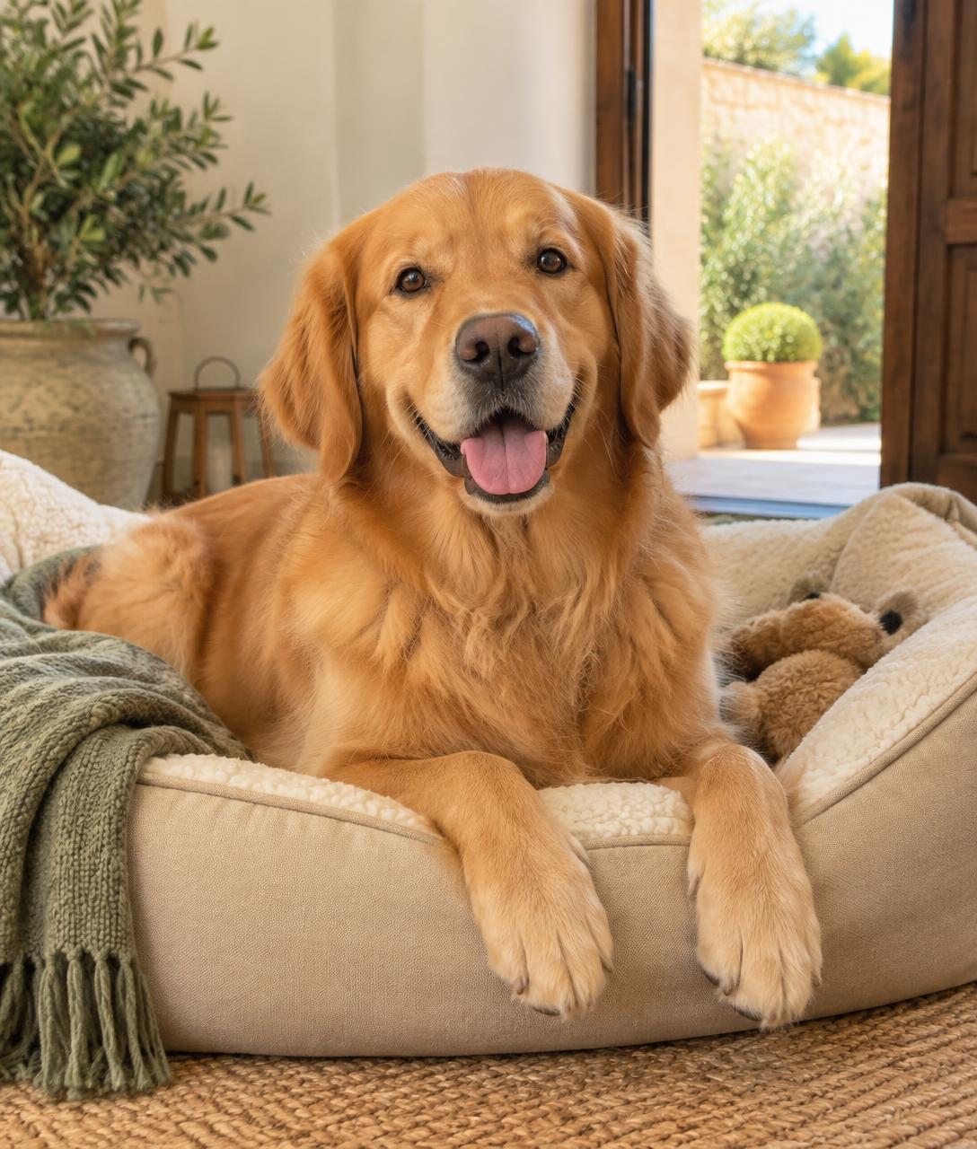 Happy dog resting comfortably in a welcoming home boarding setting