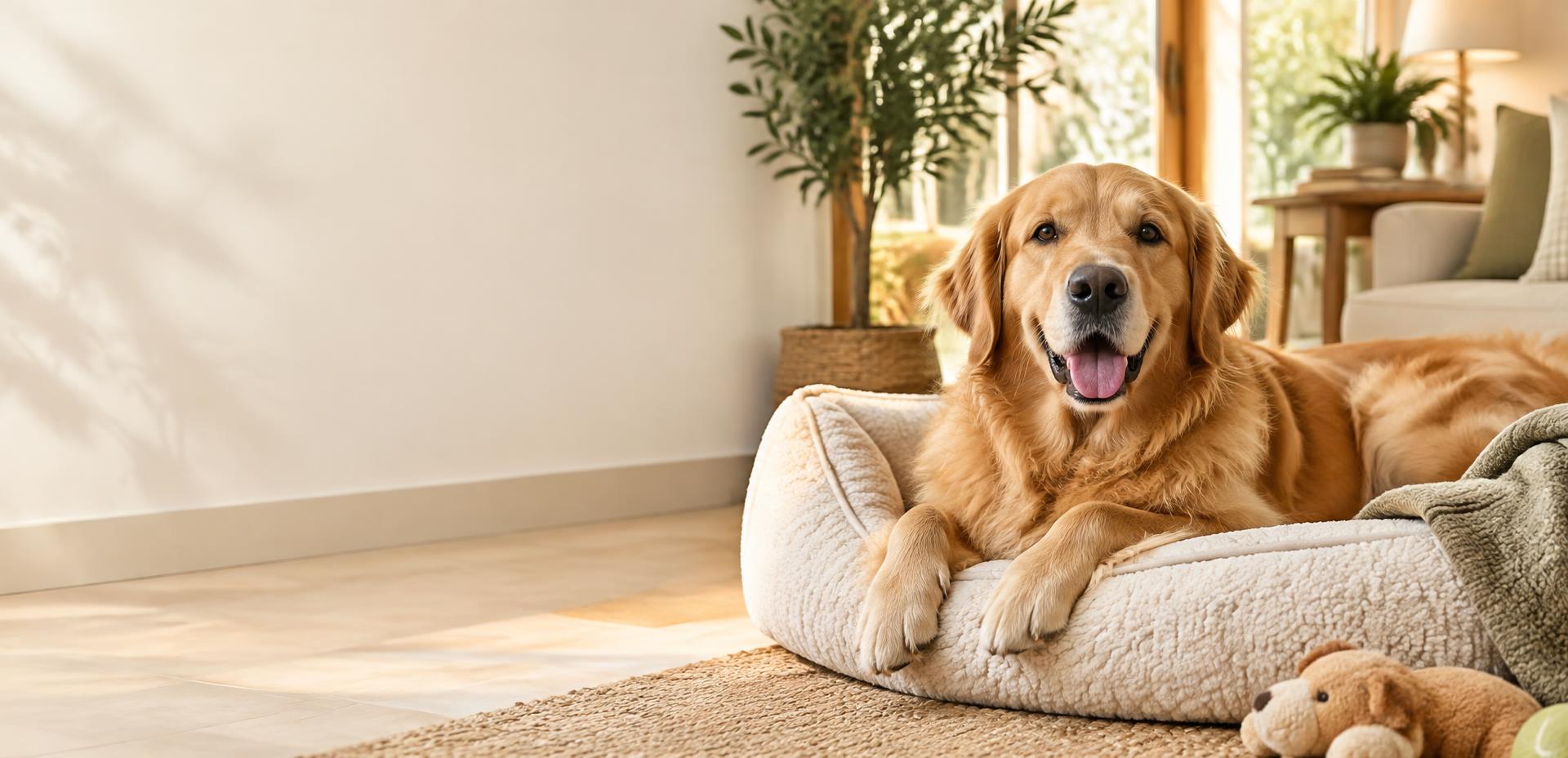 Happy dog resting comfortably in a welcoming home boarding setting