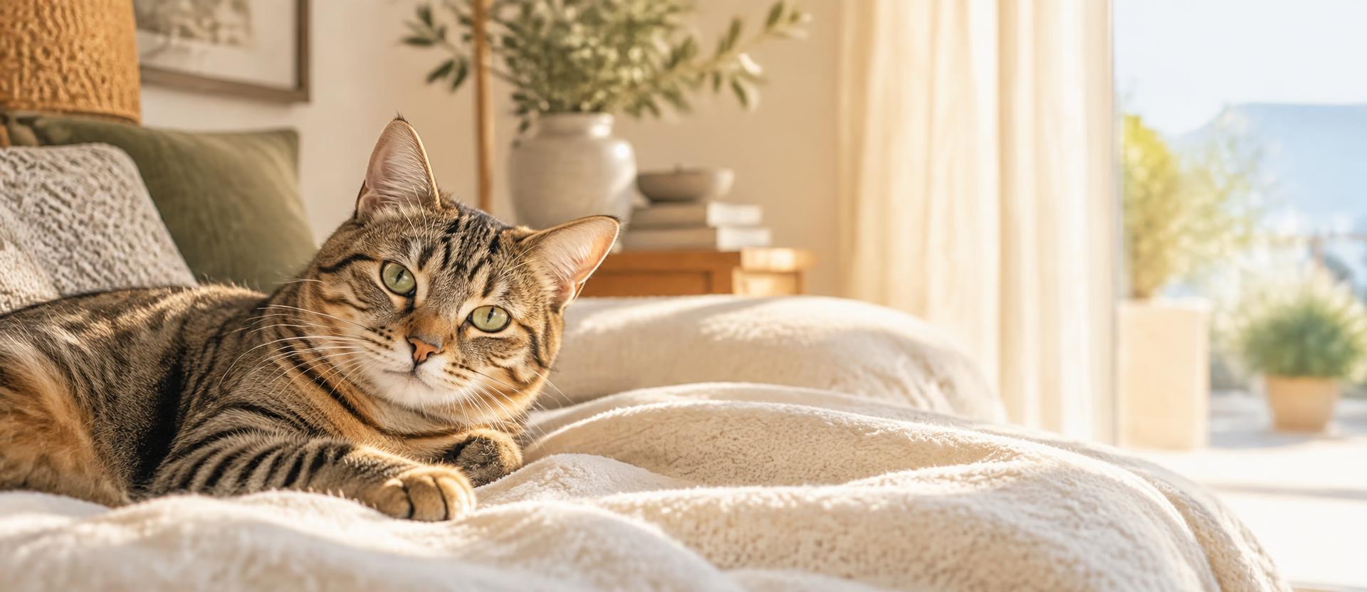 Gato tigrado a descansar numa manta macia em ambiente acolhedor