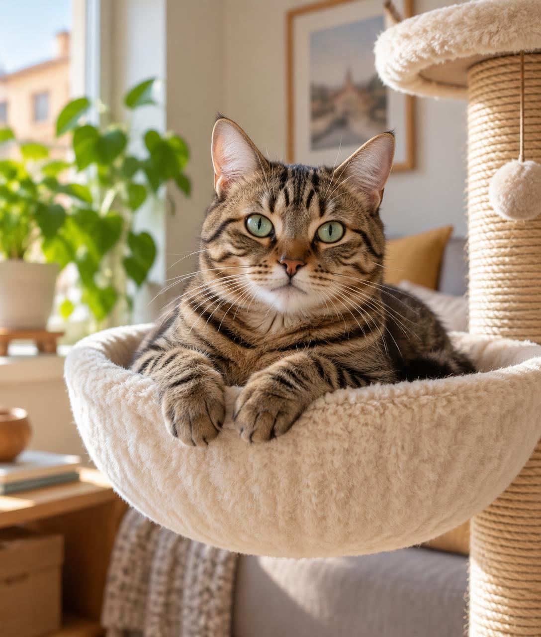 Gato tigrado tranquilo numa árvore para gatos em ambiente acolhedor