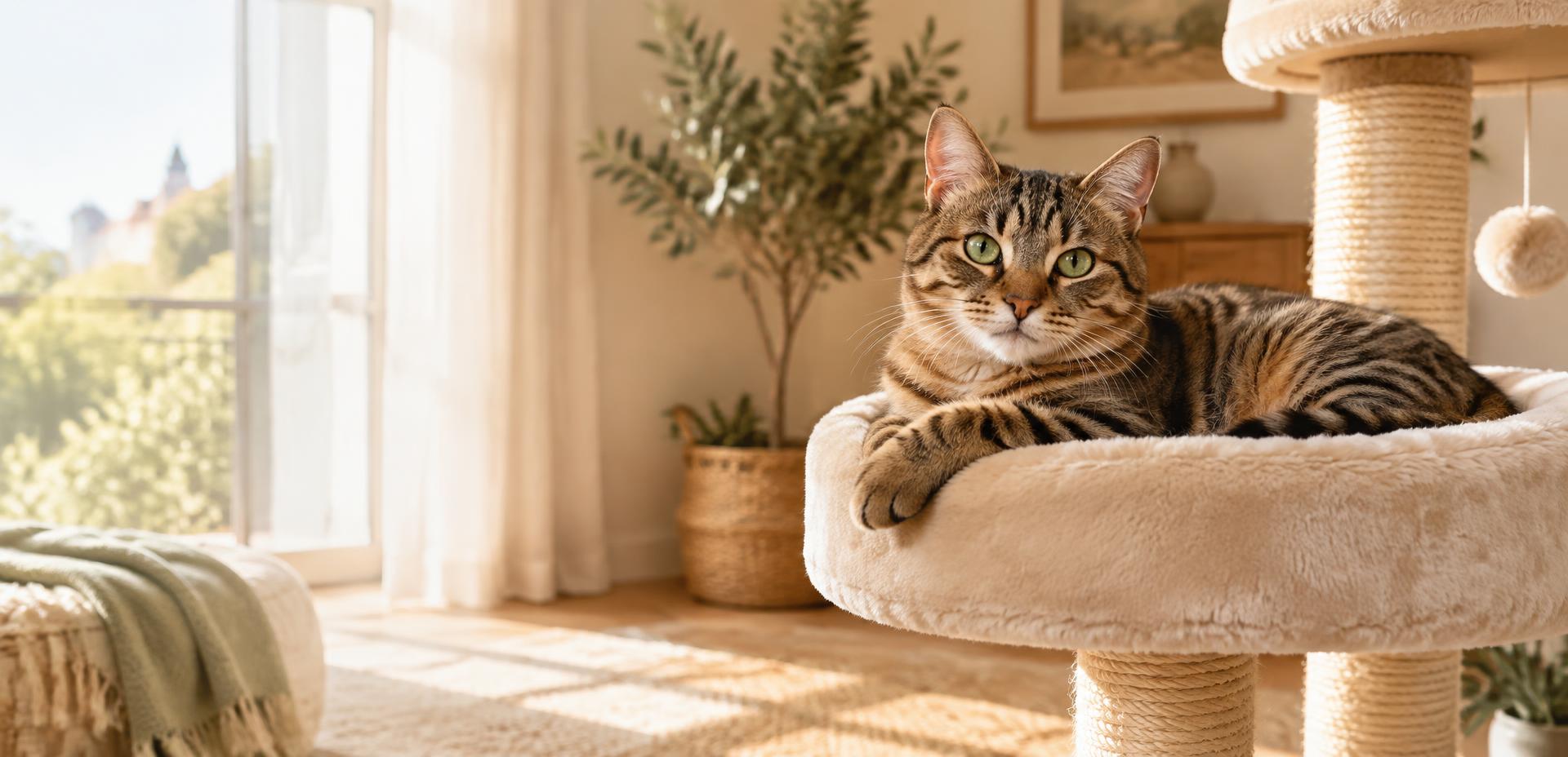 Gato tigrado tranquilo numa árvore para gatos em ambiente acolhedor