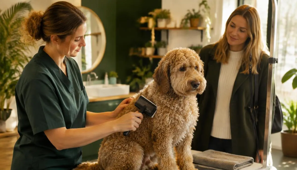 Profissional de estética a escovar um cão de pelo encaracolado enquanto a dona observa