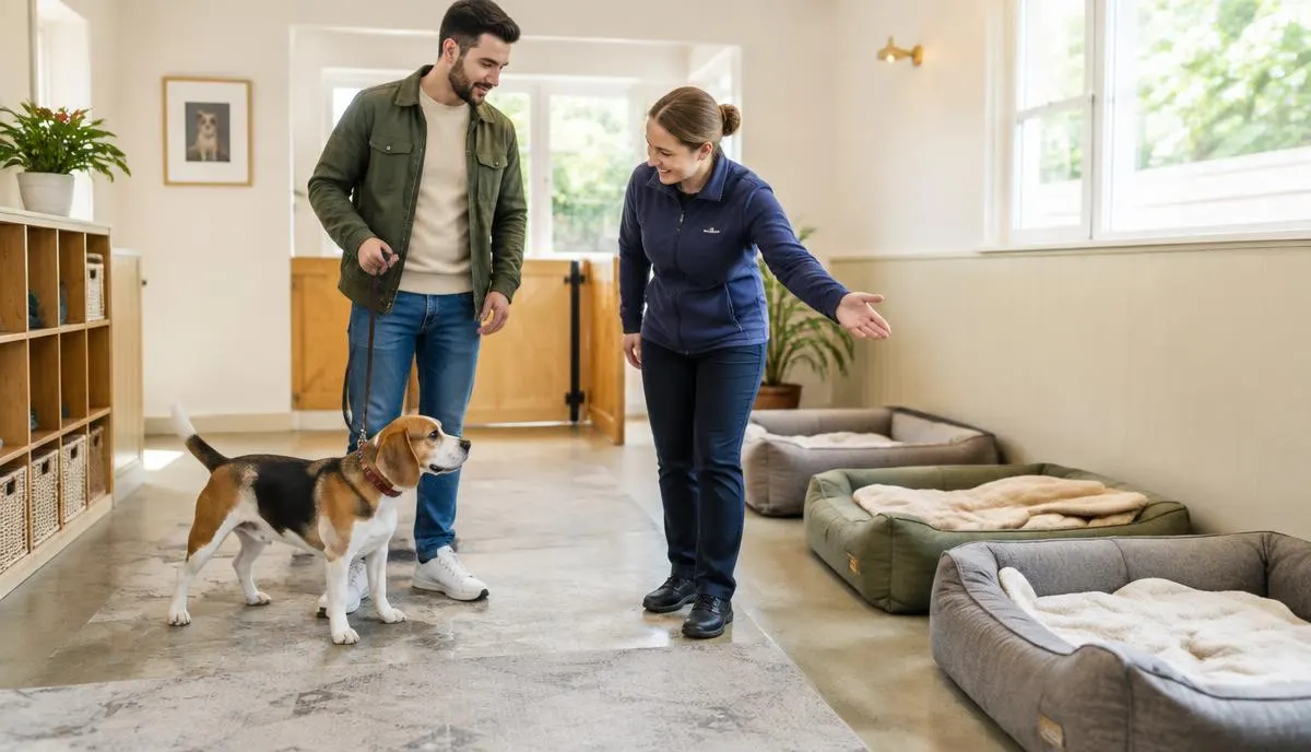 Cuidadora a mostrar camas para cães a um dono com um beagle pela trela, numa sala clara