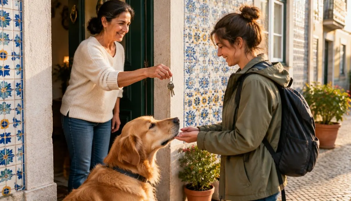Dona a entregar as chaves de casa a uma pet sitter à porta de uma casa com azulejos, com um cão a cheirar a mão da pet sitter