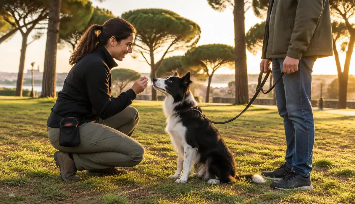 Treinadora ajoelhada num parque com pinheiros a recompensar um border collie sentado, com o dono a segurar a trela