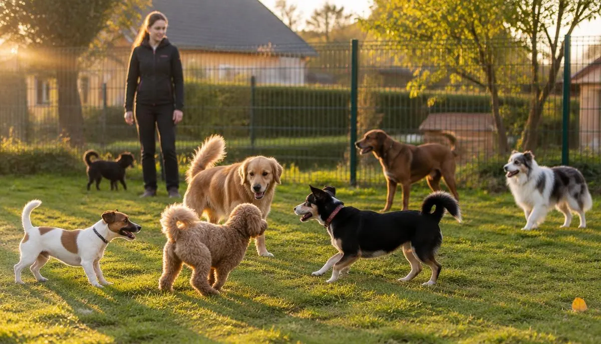 Vários cães de raças diferentes a brincar na relva de um jardim vedado, com uma cuidadora a vigiar