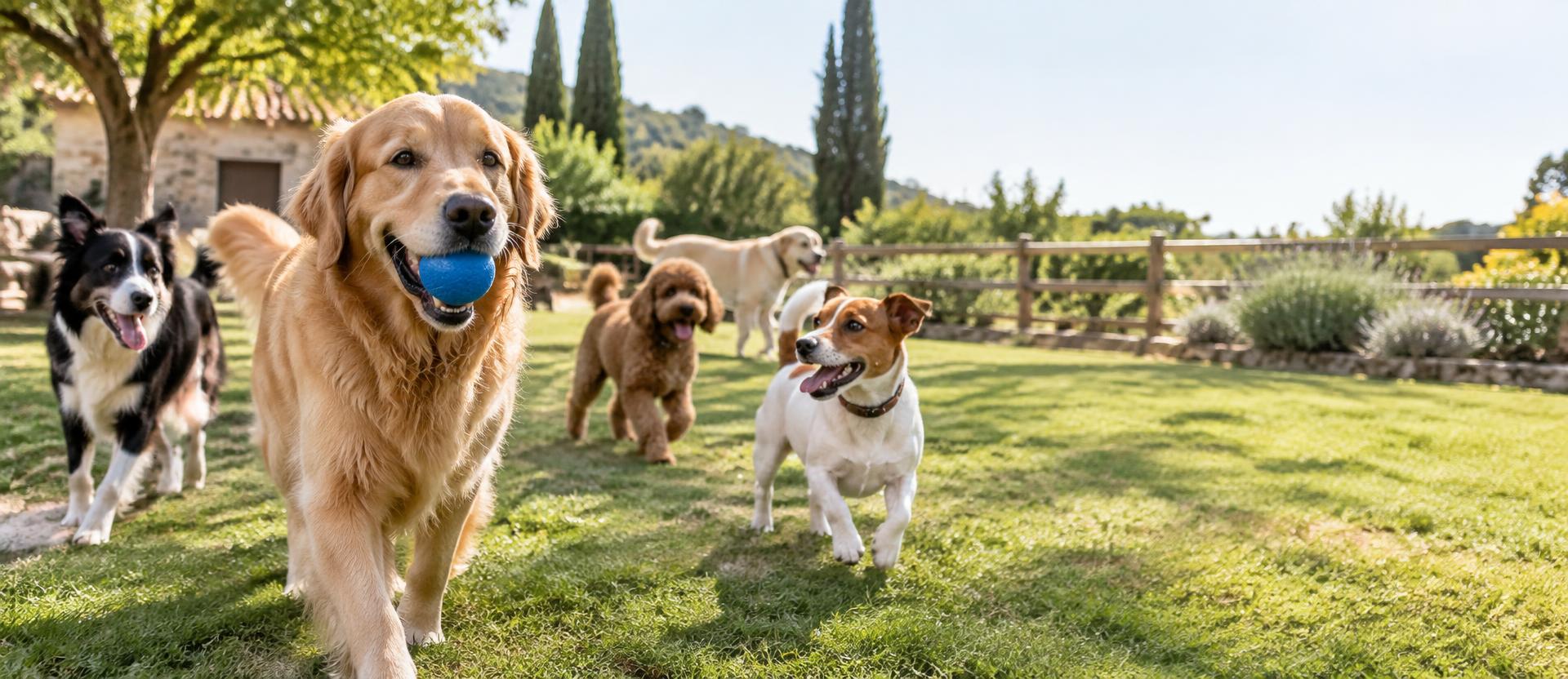 Cães felizes a brincar com uma bola numa creche para animais