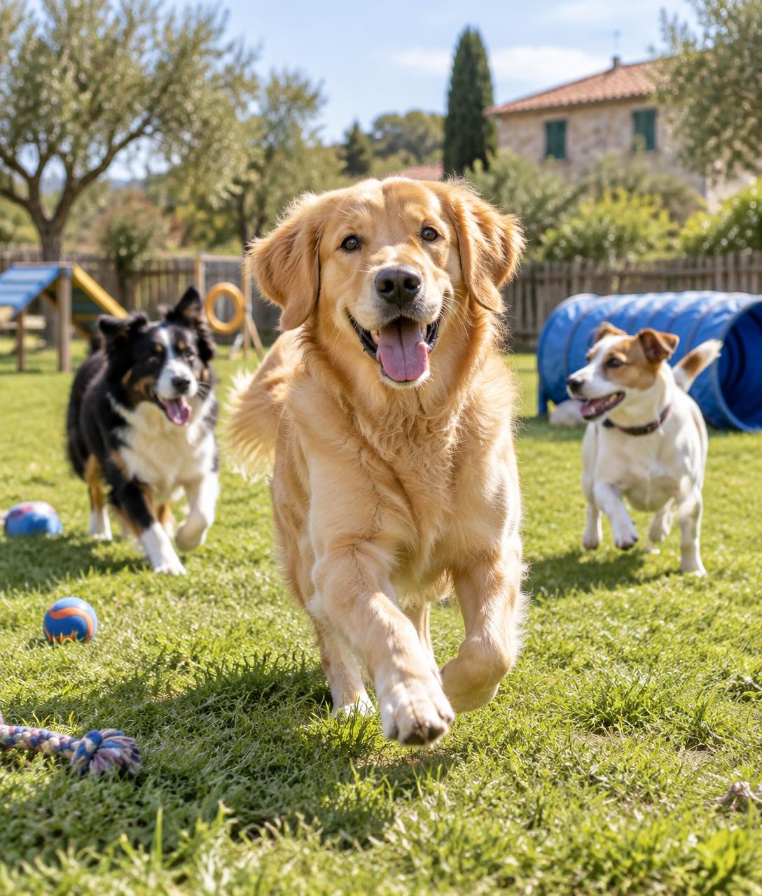 Cães felizes a brincar e socializar numa creche para animais