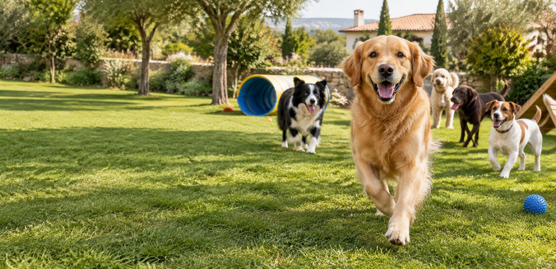 Cães felizes a brincar e socializar numa creche para animais