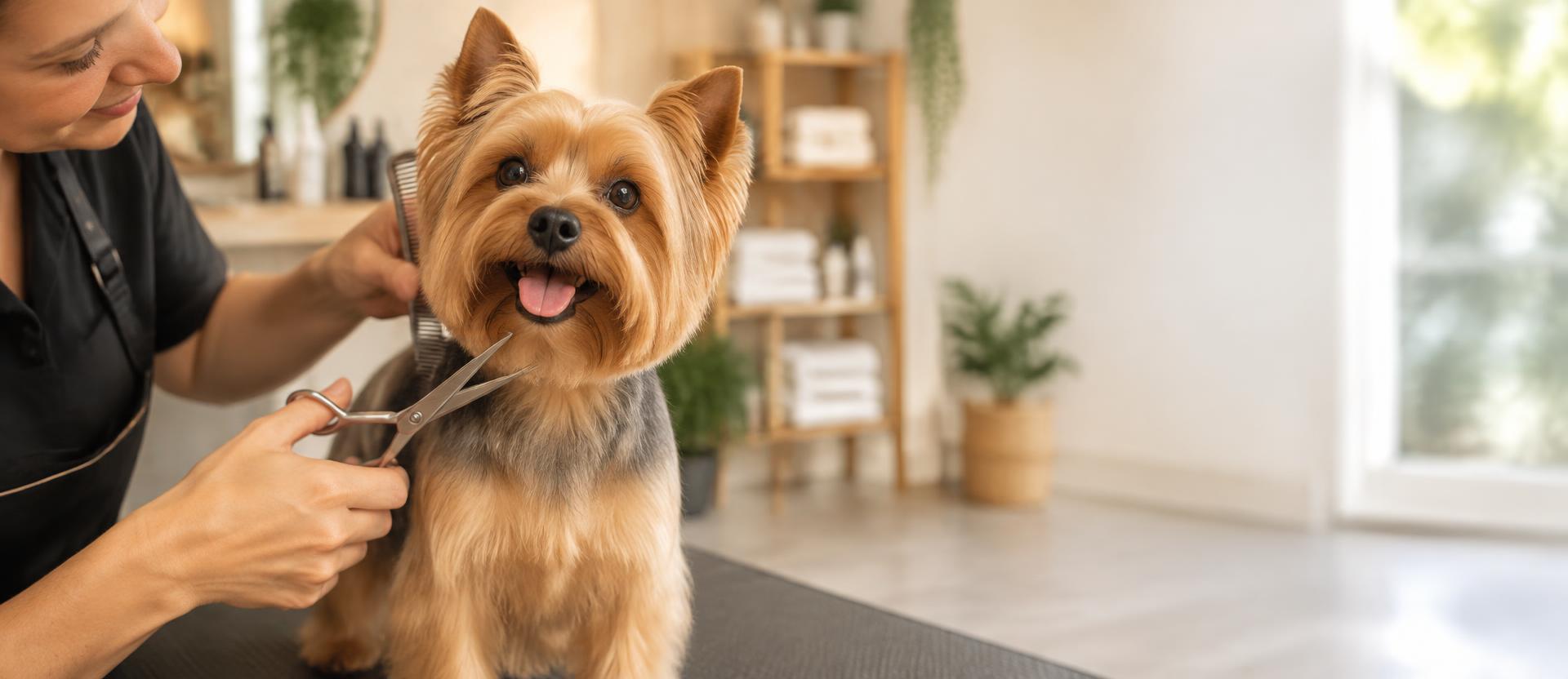 Dog receiving grooming care in a bright salon