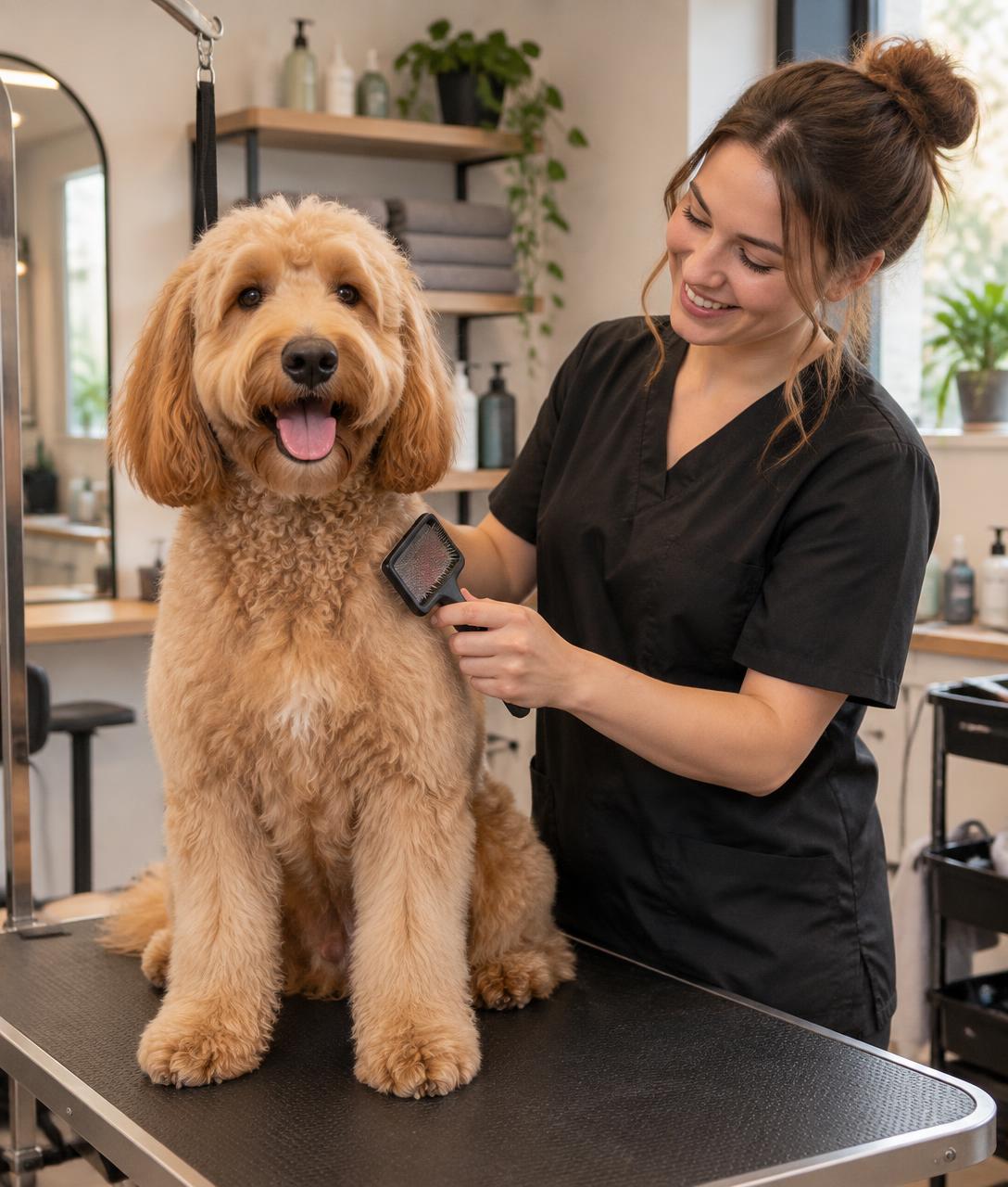 Cared-for dog beside a professional in a bright grooming salon