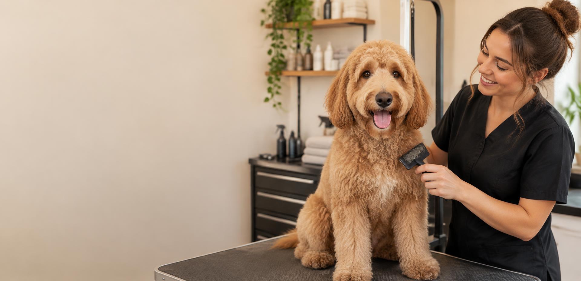 Pet-care professional with a dog in a grooming studio