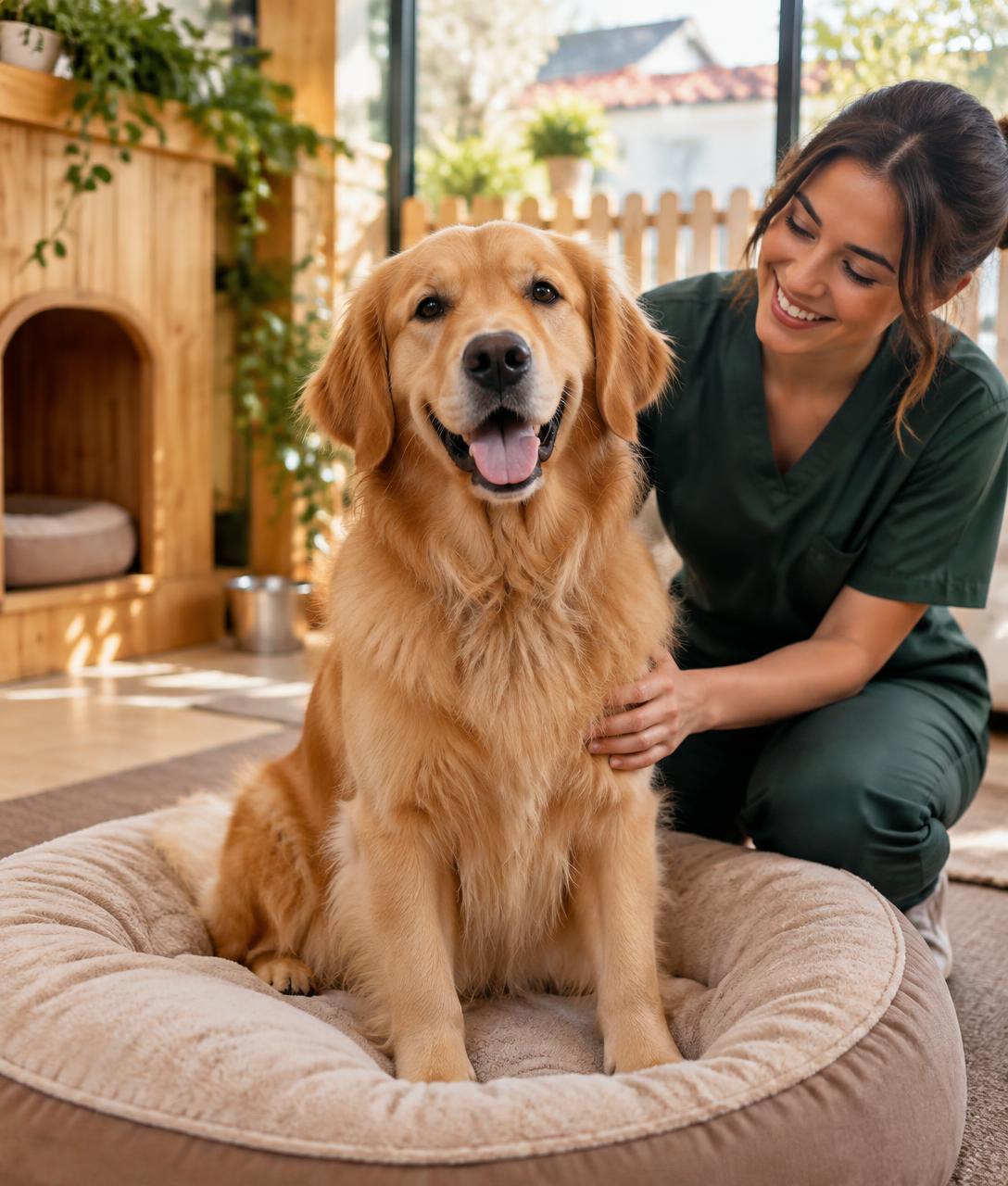 Happy dog on a comfortable bed in a pet hotel