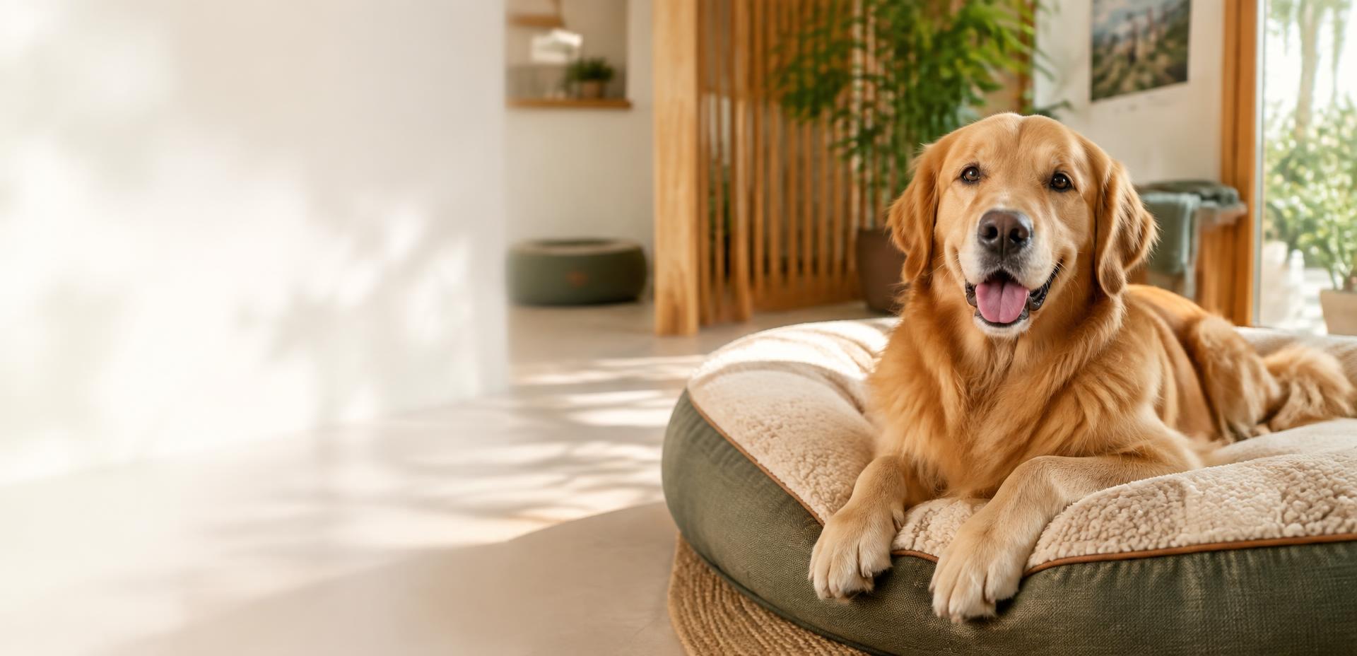 Happy dog on a comfortable bed in a pet hotel