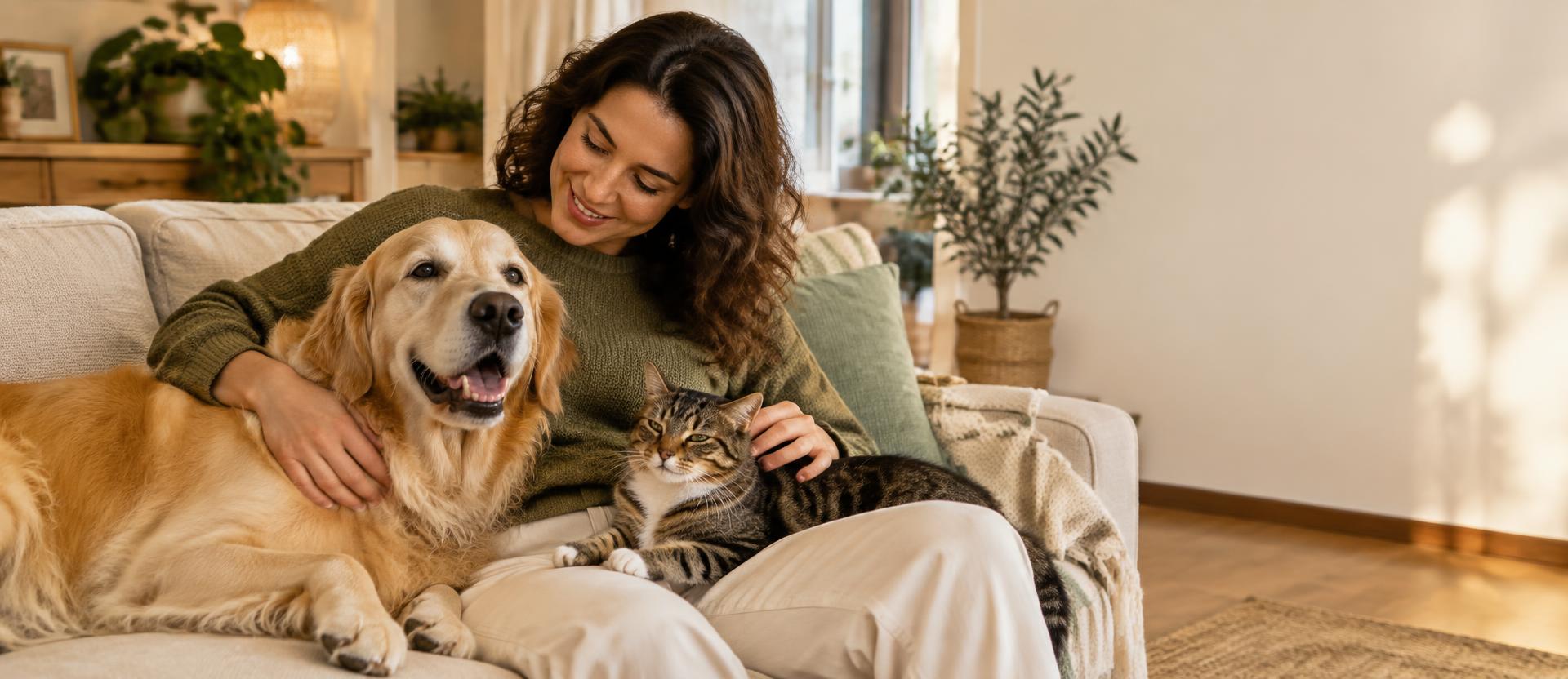 Cuidadora atendiendo a un perro y un gato en un hogar acogedor