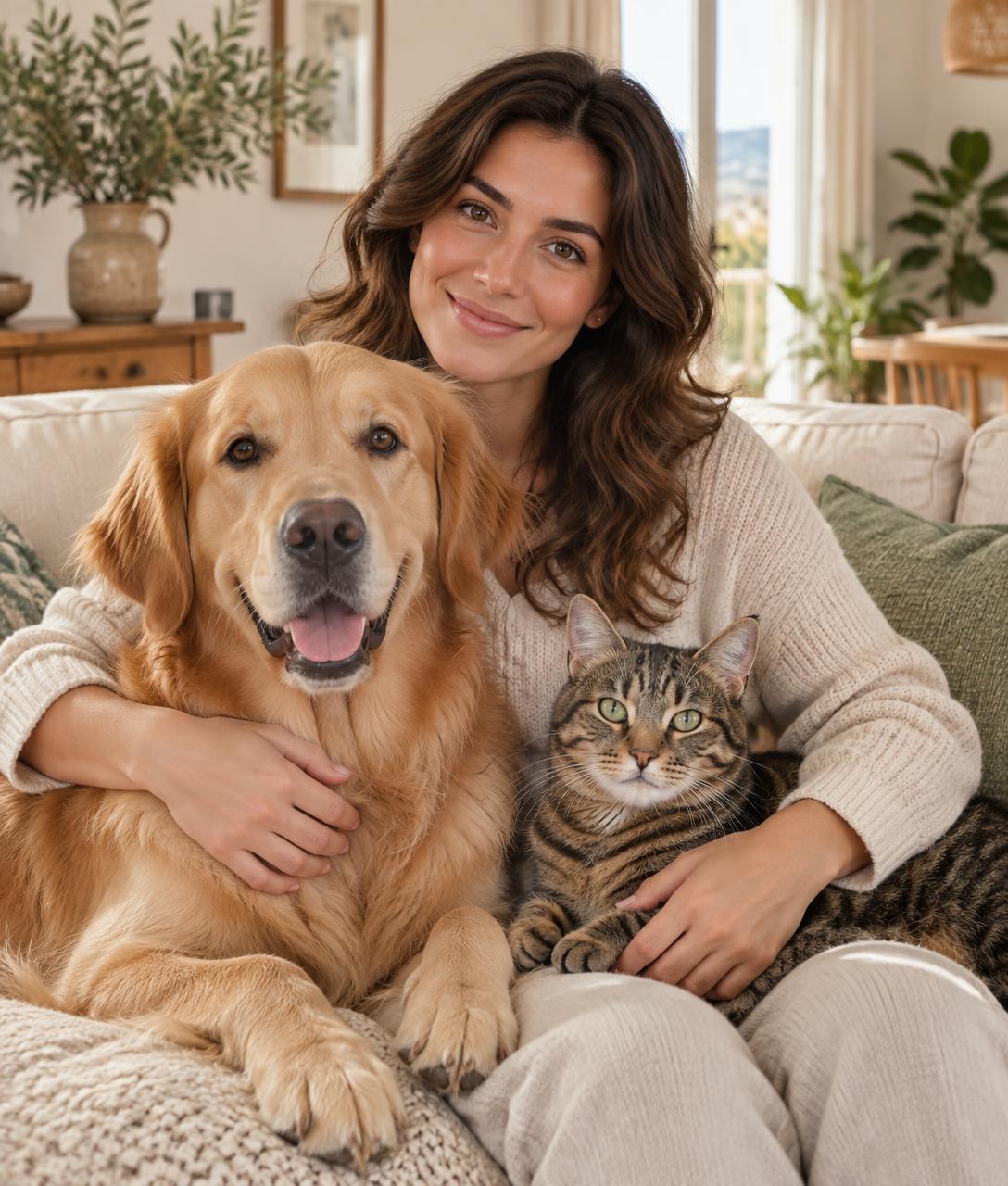 Cuidadora en casa con un perro y un gato tranquilos
