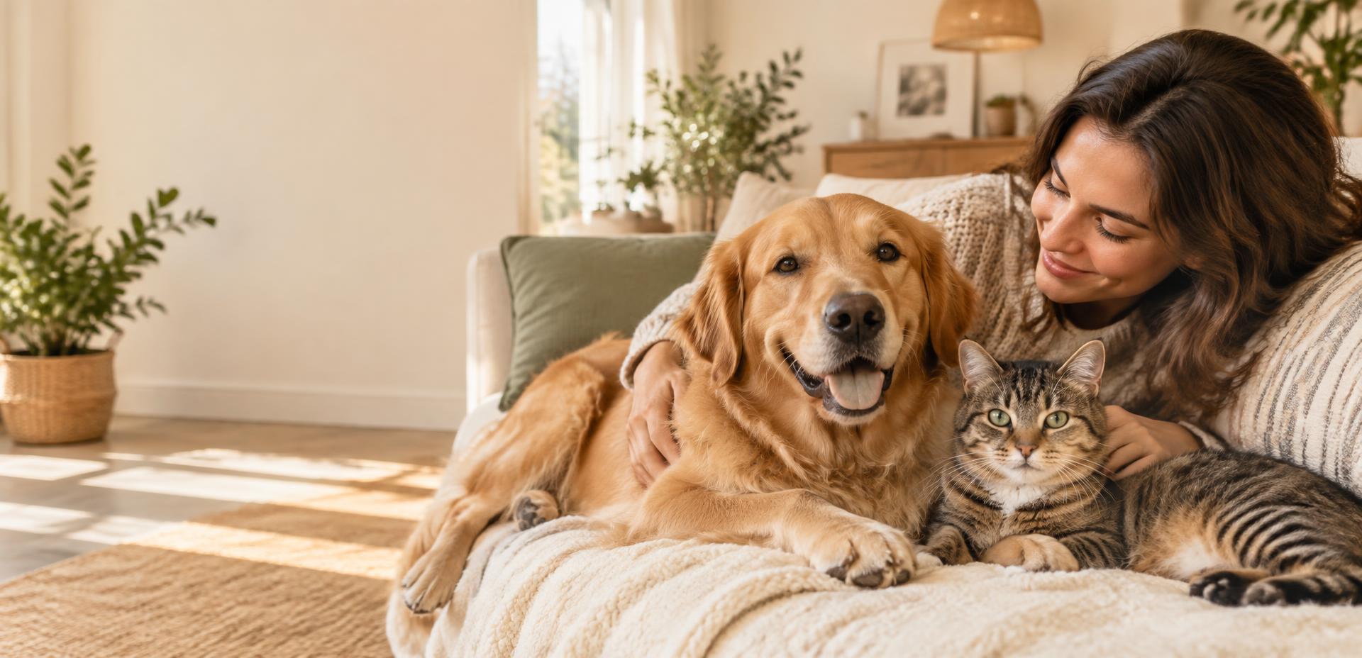 Cuidadora en casa con un perro y un gato tranquilos