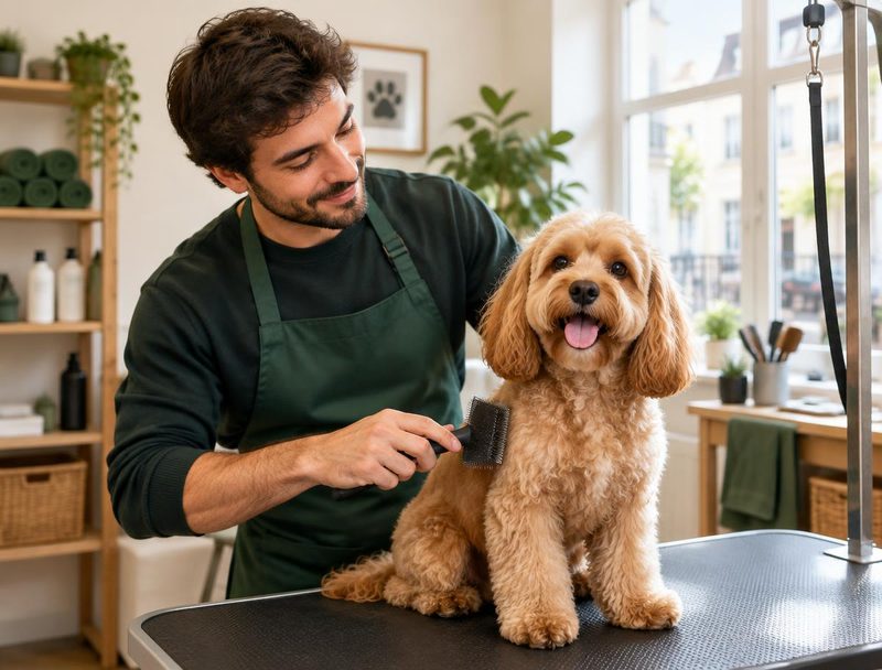 Grooming professional caring for a dog