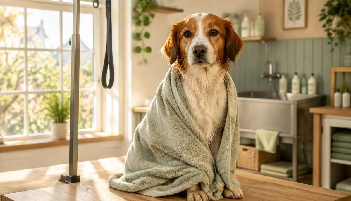 Cão de pelo ruivo e branco enrolado numa toalha verde, sentado numa mesa de madeira depois do banho