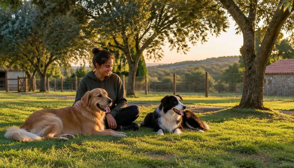 Cuidadora sentada na relva de um recinto vedado com dois cães deitados ao seu lado, ao fim da tarde