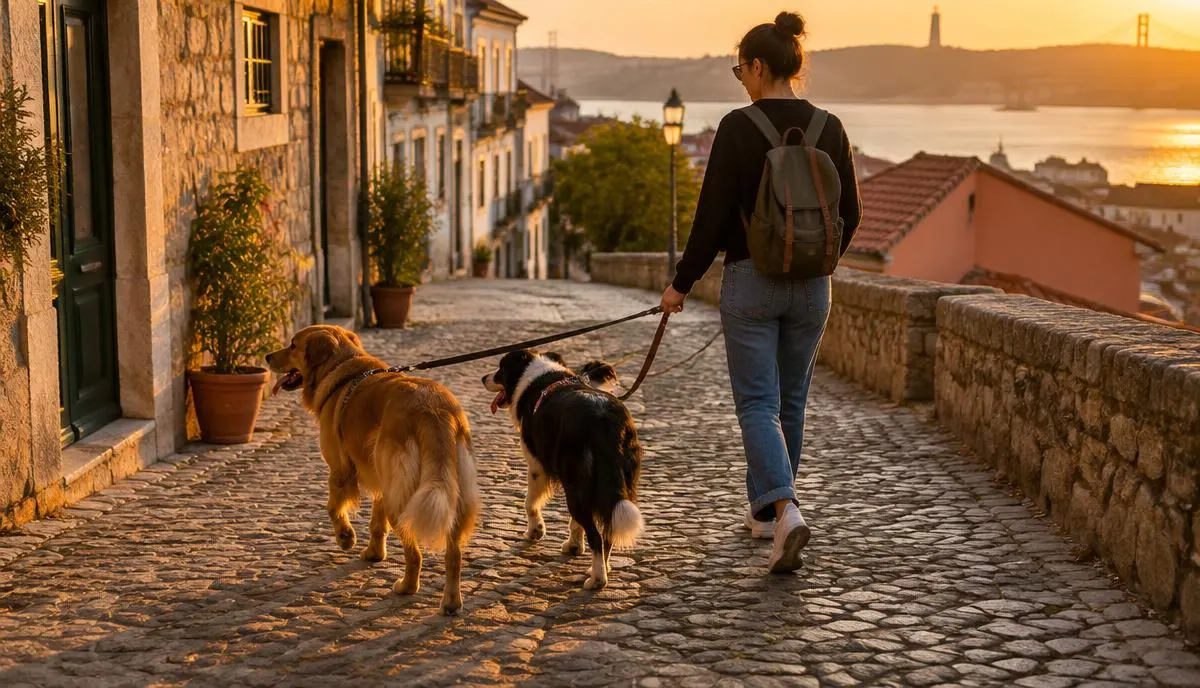Passeadora com dois cães pela trela numa rua de calçada ao pôr do sol, com o rio ao fundo