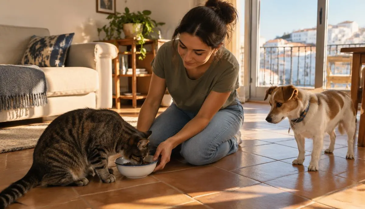 Pet sitter ajoelhada no chão de uma sala a dar de comer a um gato, com um cão pequeno ao lado