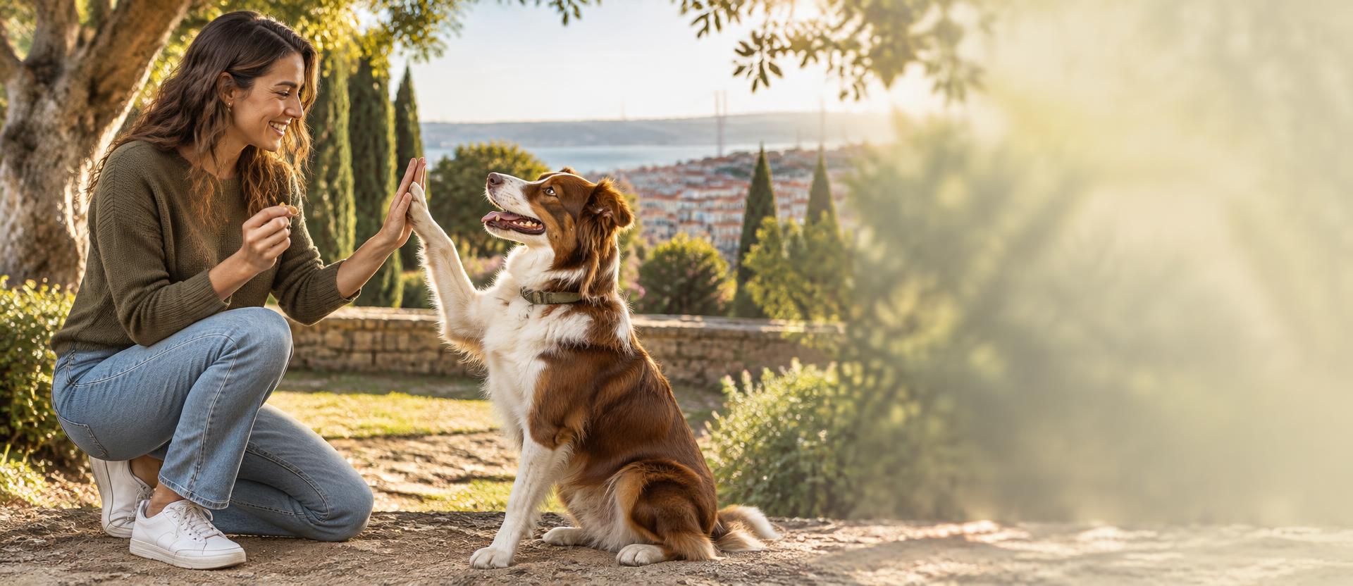 Trainer and dog during a positive exercise in a Portuguese garden