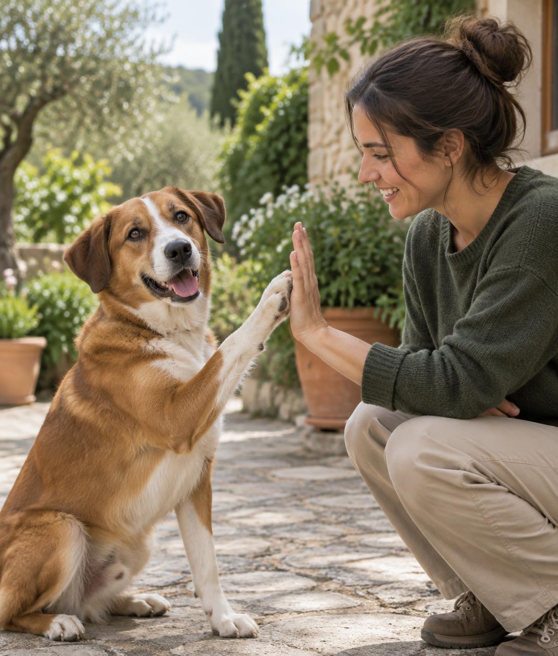 Trainer practising a positive exercise with a dog in a Portuguese garden