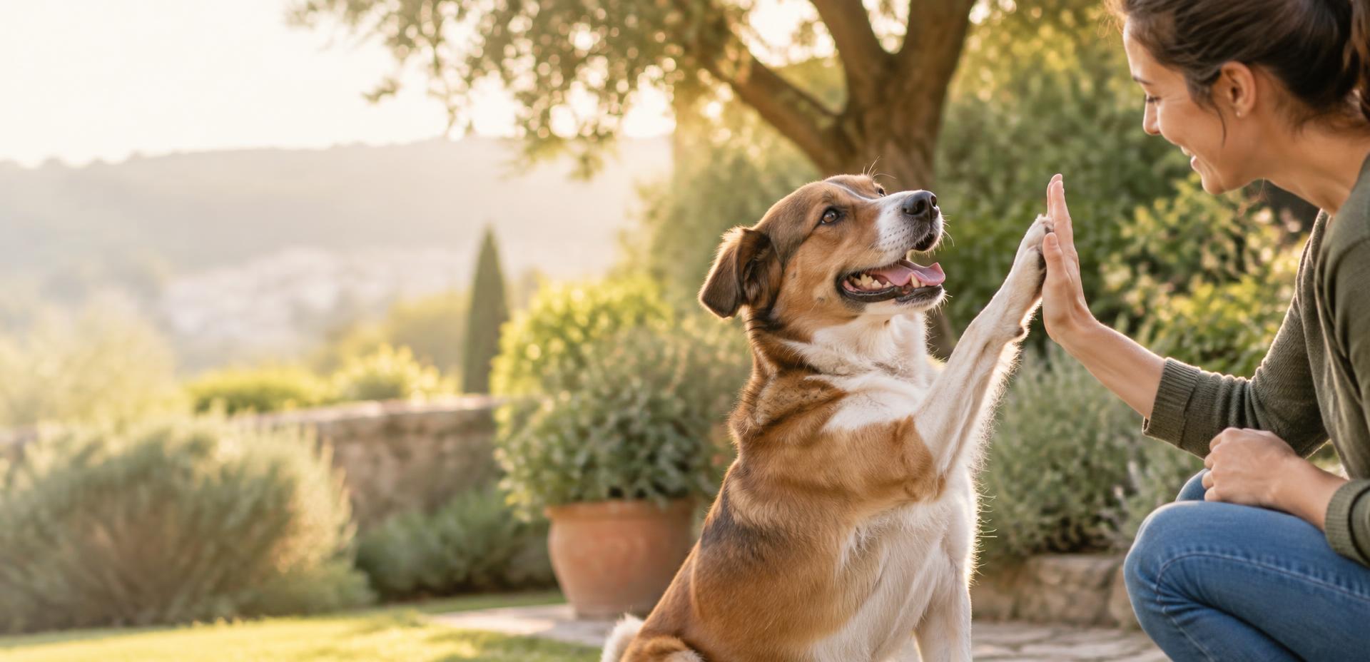 Trainer practising a positive exercise with a dog in a Portuguese garden