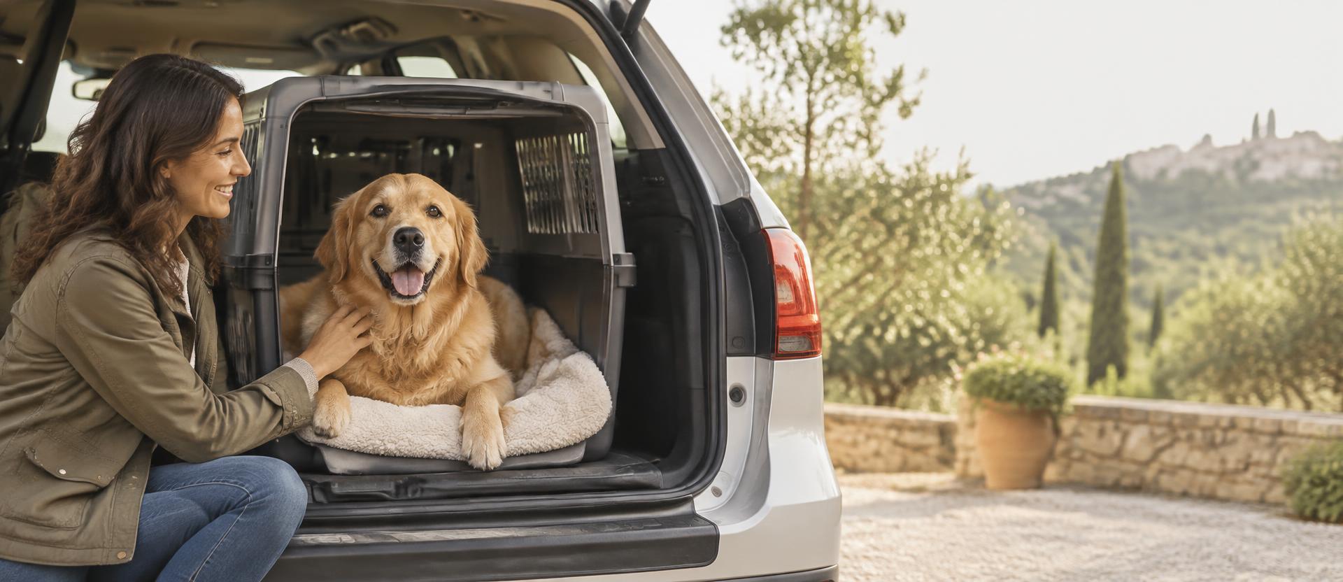 Perro cómodo en un transportín junto a una persona en un coche