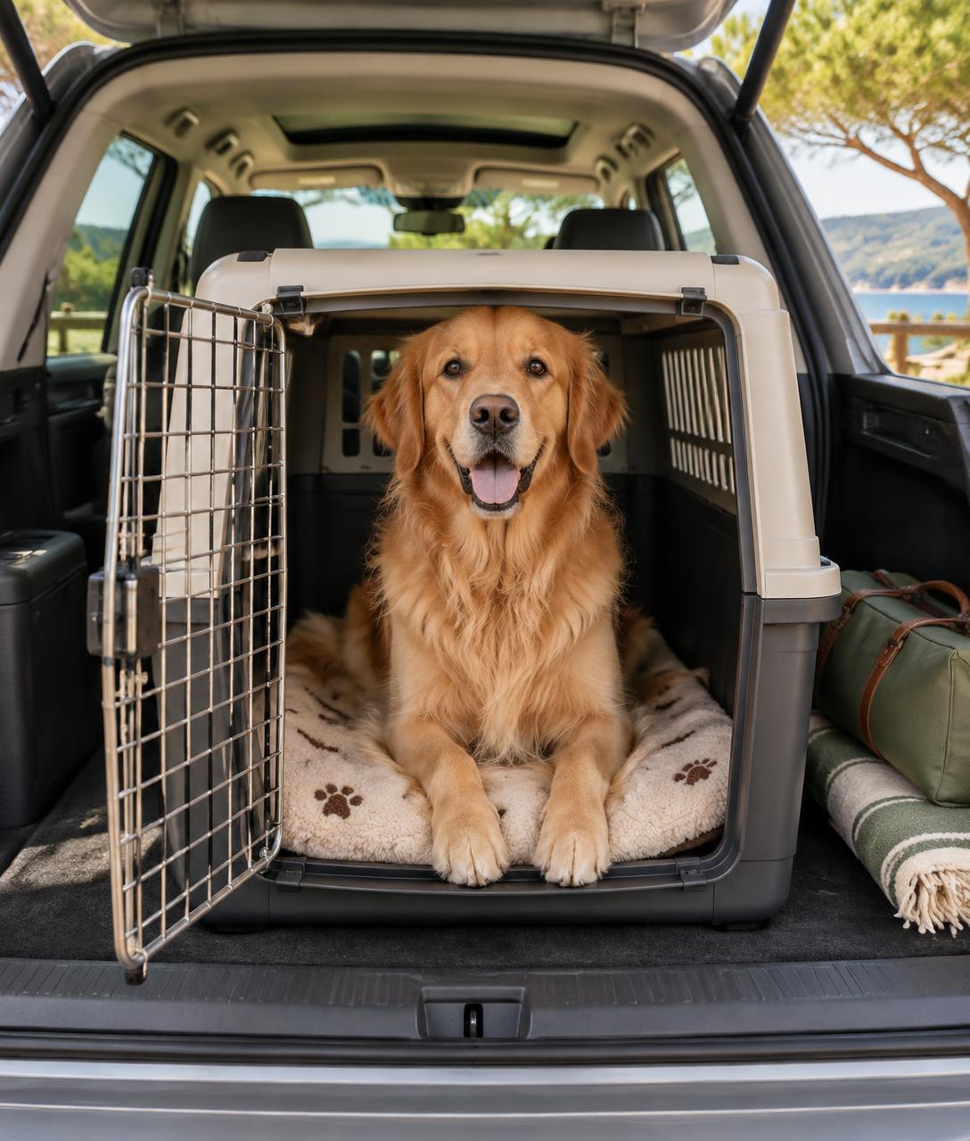 Perro cómodo en un transportín abierto dentro de un coche