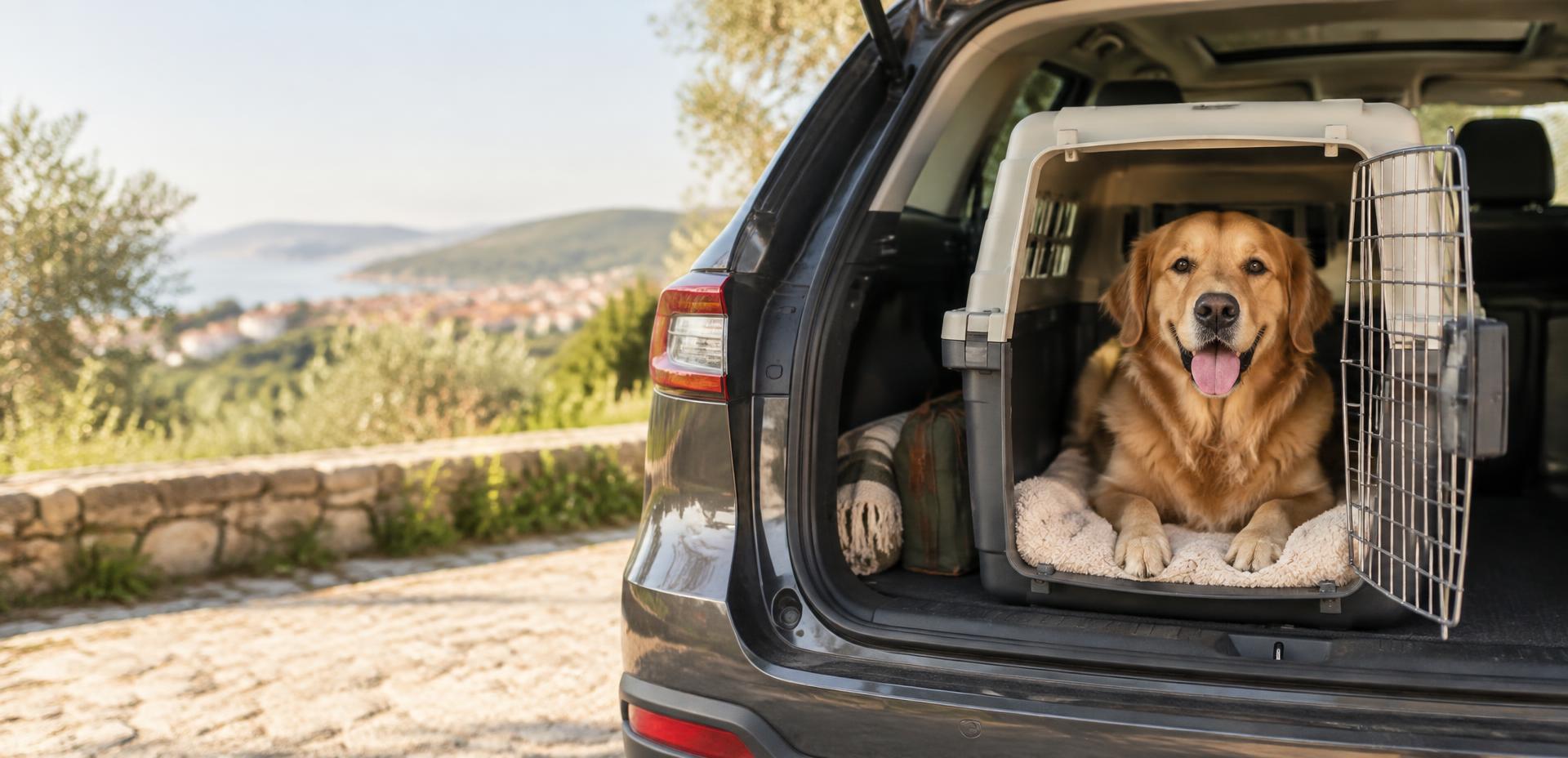 Perro cómodo en un transportín abierto dentro de un coche