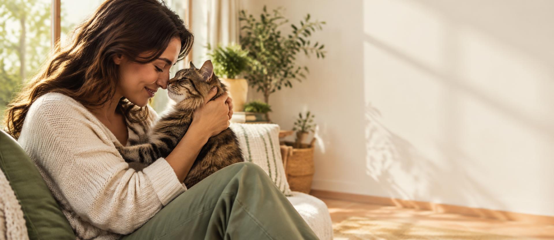 Tutora a demonstrar carinho por um gato em casa