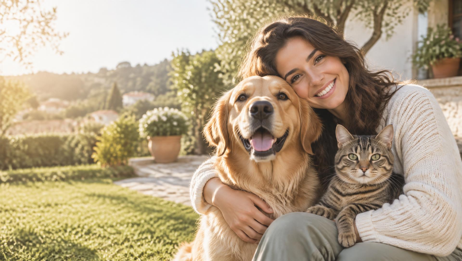 Tutora com um cão e um gato num jardim português iluminado pelo sol