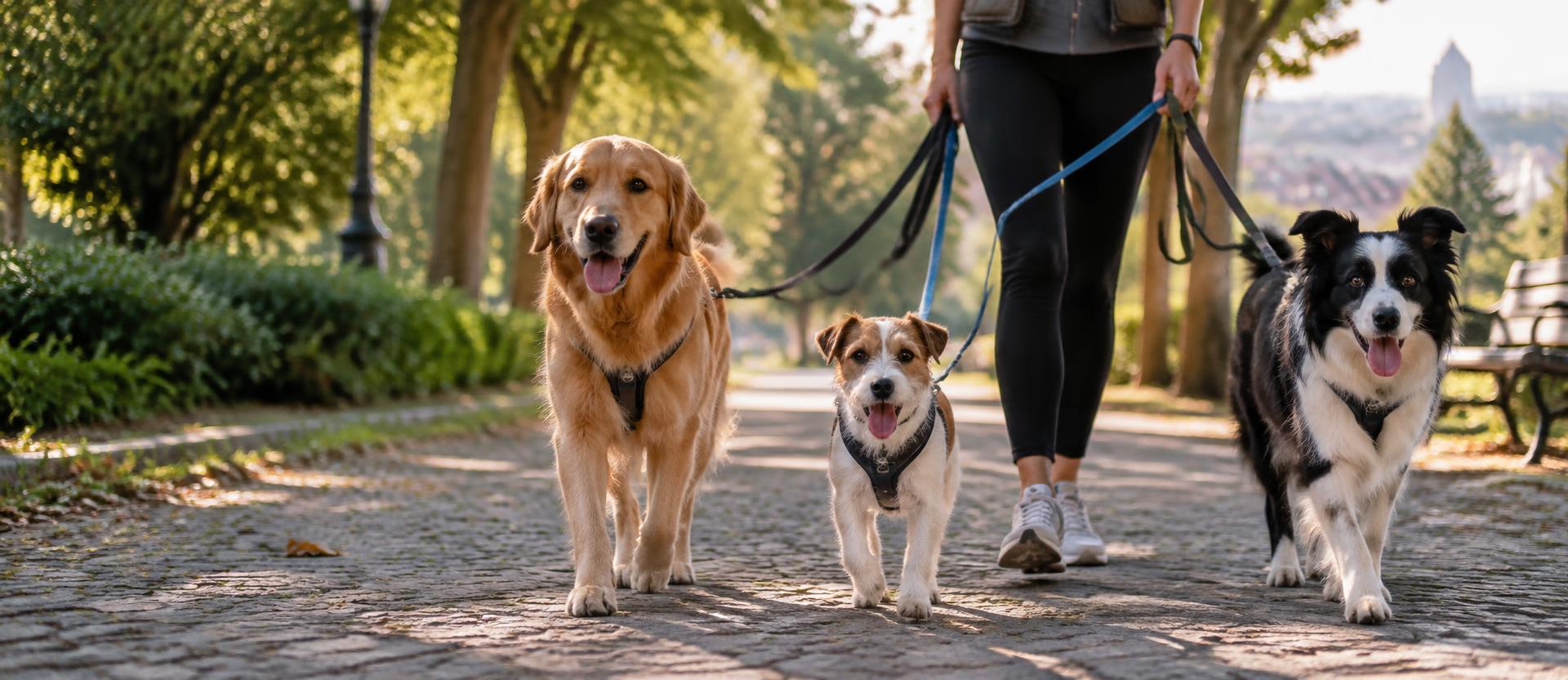 Profissional a passear três cães num parque português
