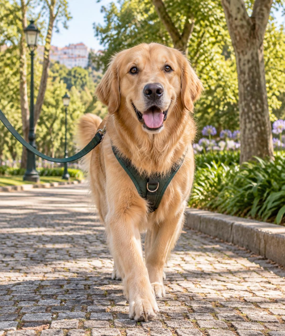 Cão golden retriever feliz durante um passeio num parque português