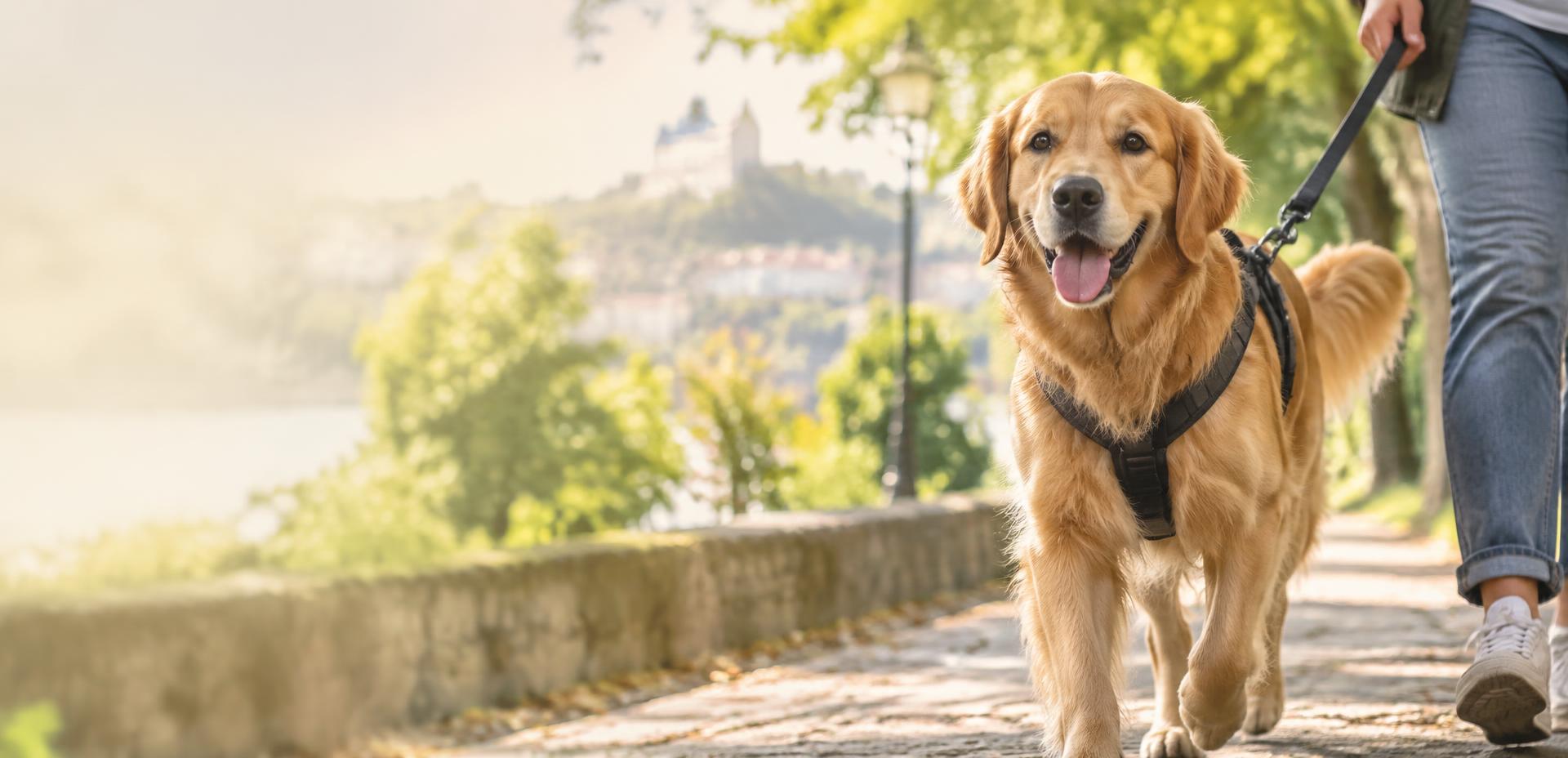 Cão golden retriever feliz durante um passeio num parque português